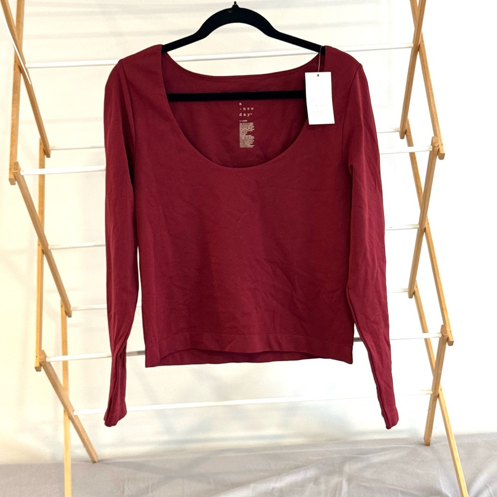 a new day Women's Long Sleeve Burgundy Nylon/Spandex Top